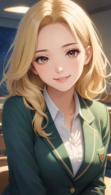 1 Female, JK,  mouth, smile:1.4,  face close-up, ( blonde,  braided :1.2, Forehead,  asymmetrical hair,  reddish brown eyes),  Beautiful Faces , Beautiful Detailed Glowing Eyes , Beautiful fine lips ,  very fine colors and features, School blazer , Green m...