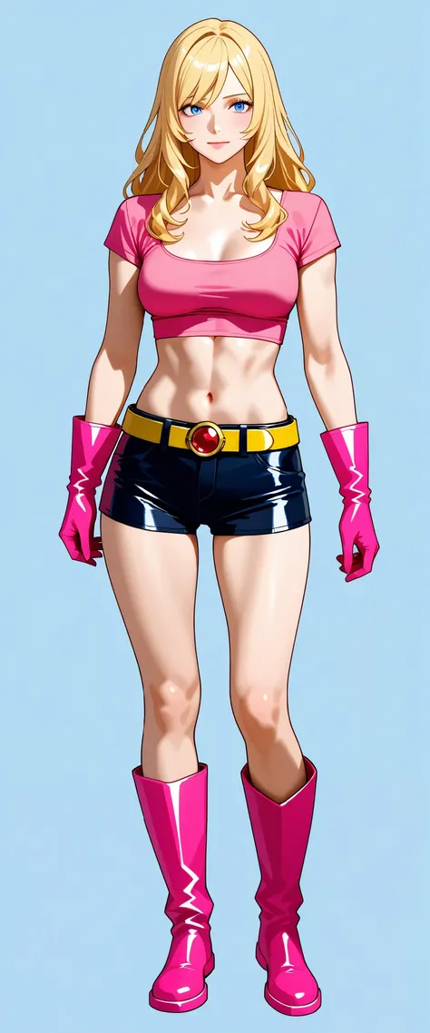 Adult woman, chest length hair, blonde, layered bangs, blue eyes, tall, slim and muscular body,  medium chest, pink crop top, tight, scoop neckline, short sleeves, short pink gloves, midriff, low-rise dark blue leather shorts, yellow belt with red jewel ro...