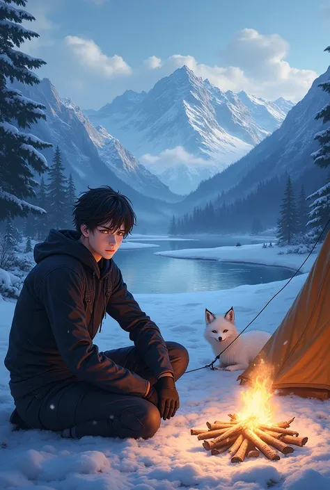 Handsome anime guy, male, black attire, smiling, gloves, snow fox, snowing, frozen river, mountain range, sitting on the ground, campfire, tent