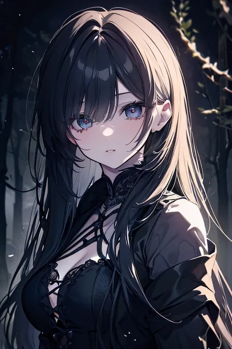 a young woman with long dark hair, beautiful detailed eyes, beautiful detailed lips, extremely detailed face, longeyelashes, wearing a tattered dress, cowering in fear, dark forest background, shafts of moonlight, eerie atmosphere, (best quality,8k,highres...