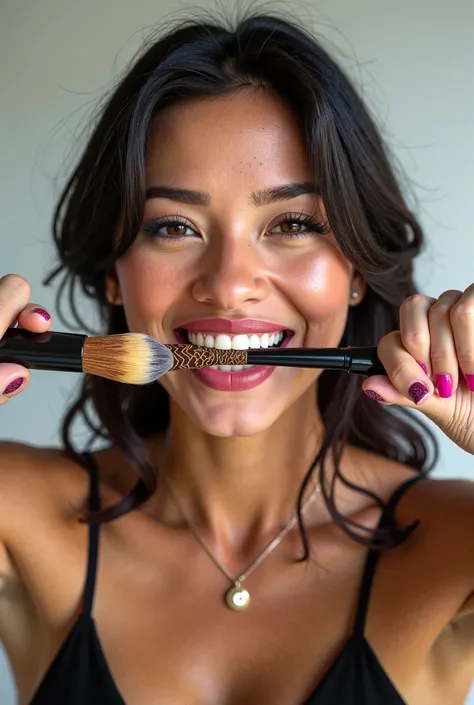 Generate a woman smiling proudly displaying an intricate makeup brush glued between her teeth and her hands tied behind her back 