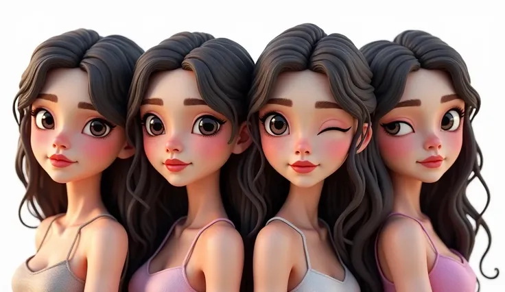 beautiful girl infront, transparent background, 2D game character model, line up, 4 girls with the same face, the first girl is dirty with black water, the second girl is with makeup, the third girl is eyes closed, the fourth girl is drunk and their eyes a...