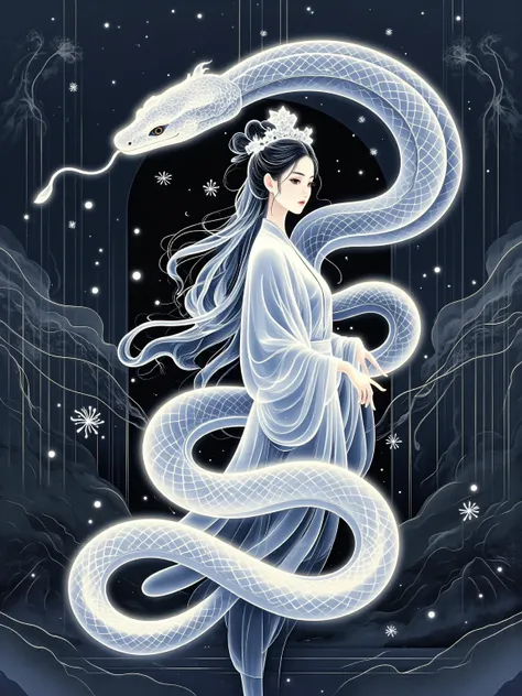 1girl, White Snake, Metallic, Hieronymus Bosch, Beautiful View, Behance, Clean Lines, Graphic Illustration, Collage Style, Various Elements of Gongyi, Gongyi Museum, Roselle, Flying Chart, Northern Song Hairpin Flower, Headdress, All Patterns Are PresenteD...