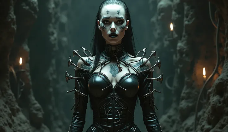 In a dark and sinister realm, a striking woman stands at the center, transformed into a haunting Cenobite figure that exudes both beauty and danger. Her skin is pale and taut, accentuating the sharp angles of her face, which is marked by an alluring yet ch...