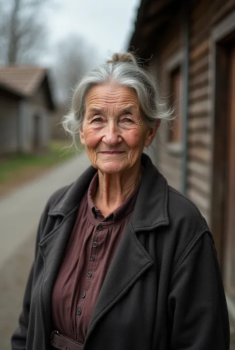 A realistic portrait of an elderly Ukrainian woman standing outdoors. She has a gentle, weathered face, with soft wrinkles that tell the story of a long life. Her gray hair is tied back in a simple bun or covered with a headscarf. She wears modest, practic...