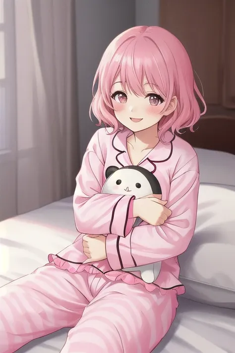 Top quality, high resolution, detailed, beautiful image quality, one girl, cute pyjamas with frills, pale pink pyjamas, pink hair, short hair, lolicon feel, smiling, hugging a white pillow, sitting flat on the bed, looking at the camera, pink makeup color,...