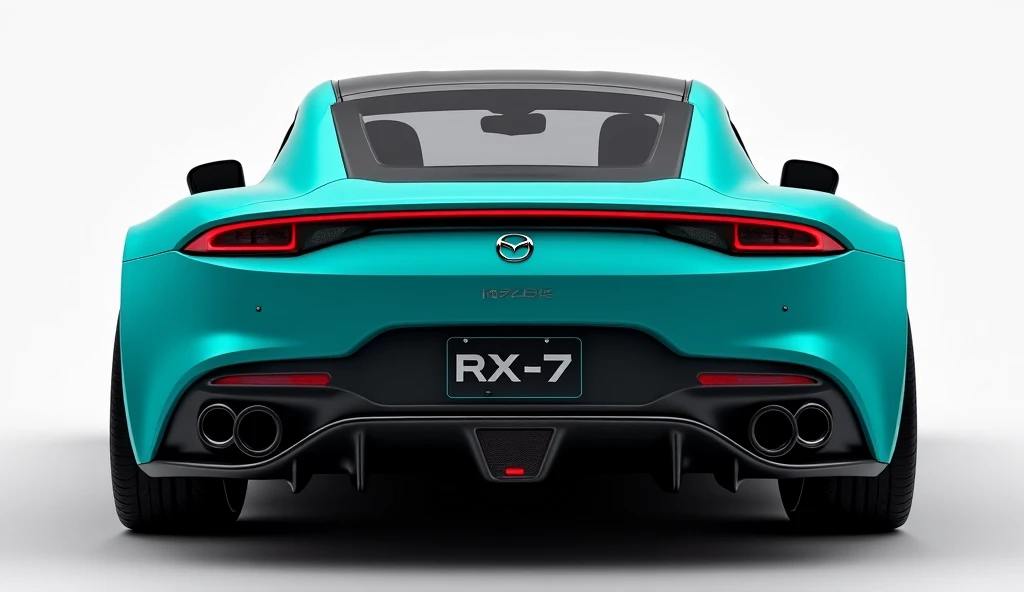 A realistic, highly detailed image of the 2025 Mazda RX-7, showcasing the back side of the car in an eye-catching Aqua color with black accents. The car exudes a beastly, powerful presence, with its wide stance and muscular rear design. The license plate r...