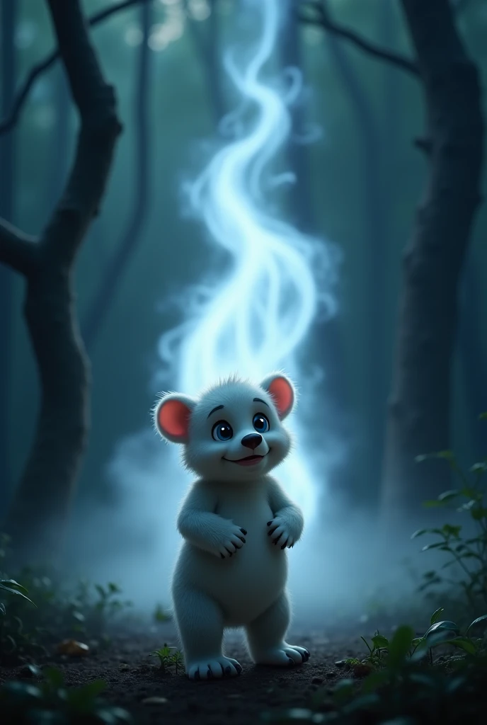 Pixar-style cute baby bear, standing frozen with wide blue eyes, ears perked up, as a swirling white mist rises from the ground in the jungle, forming a ghostly shape. The mist glows faintly, and the dark jungle behind has twisted trees and thick fog. The ...