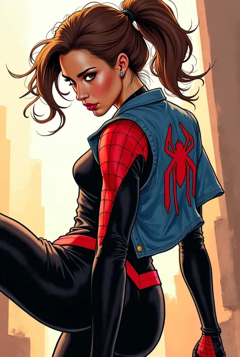 Comic book style. A female hero that's inspired by Spider-Girl, but her suit is mostly black with Red accents. Her face being exposed, showing a beautiful biracial woman that's half Caucasian and half Arabic with amber-brown eyes. She also has a denim vest...