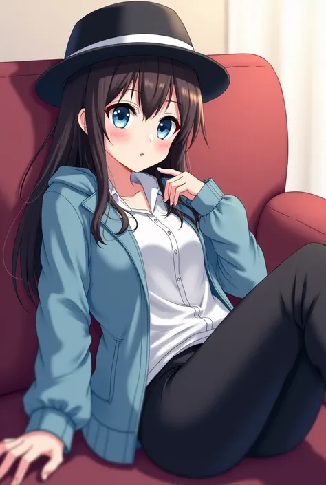  masterpiece,  best quality,  18 year old girl,  white skin ,  dark brown hair and waist length,  sky blue eyes, white flannel, light blue jacket,  black pants , Black Fedora Hat, who is lying on the couch ,  passage for wallpaper,  anime style 