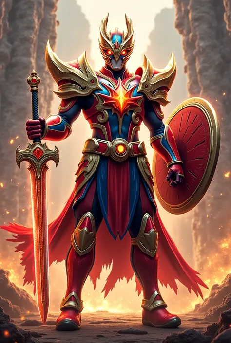 power ranger dragon with big sword and shield his colour is red blue white and gold