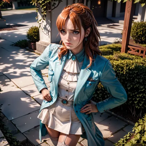 a frustrated candice flynn with orange hair standing in her home garden, wearing an orange blouse, white skirt, pink pants, and white thigh-high socks, looking upset and flushed, viewed from above, (best quality,4k,8k,highres,masterpiece:1.2),ultra-detaile...