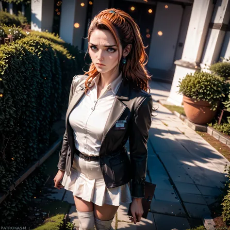a frustrated candice flynn with orange hair standing in her home garden, wearing an orange blouse, white skirt, pink pants, and white thigh-high socks, looking upset and flushed, viewed from above, (best quality,4k,8k,highres,masterpiece:1.2),ultra-detaile...