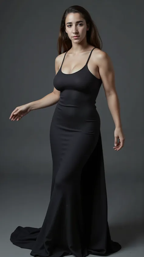    S212  ,    facing the front ,  full body view,  Use a tight black sleeveless t-shirt  ,  use a long skirt that goes all the way to the toes of the black fishtail model,   they are suffering 