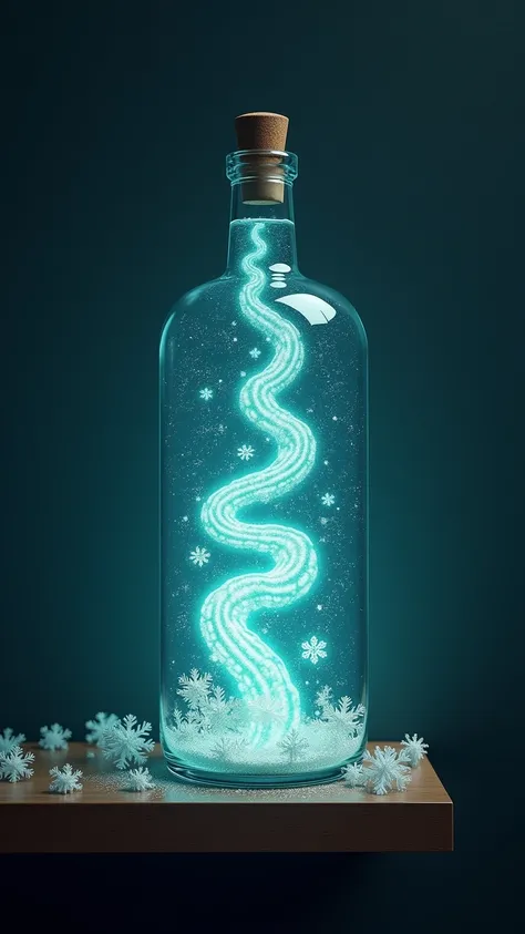 **" Aurora Borealis stuck inside a curved glass bottle,  with bands of light dancing like aquatic snakes .  The bottle is on a floating wooden shelf , surrounded by  * fractal-shaped snowflakes *. Style *domestic magic realism *."**  