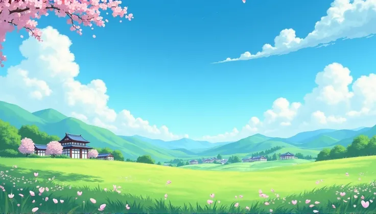 Studio Ghibli art, Miyazaki, pasture with blue sky and white clouds, Cherry blossoms, Japanese Vilage, no humans, landscape