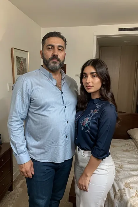 30 years old plus size arab woman, lovely face, wearing dark blue embroidered blouse, standing with 40 years old long bearded man, both are seeing to viewers, bedroom seen