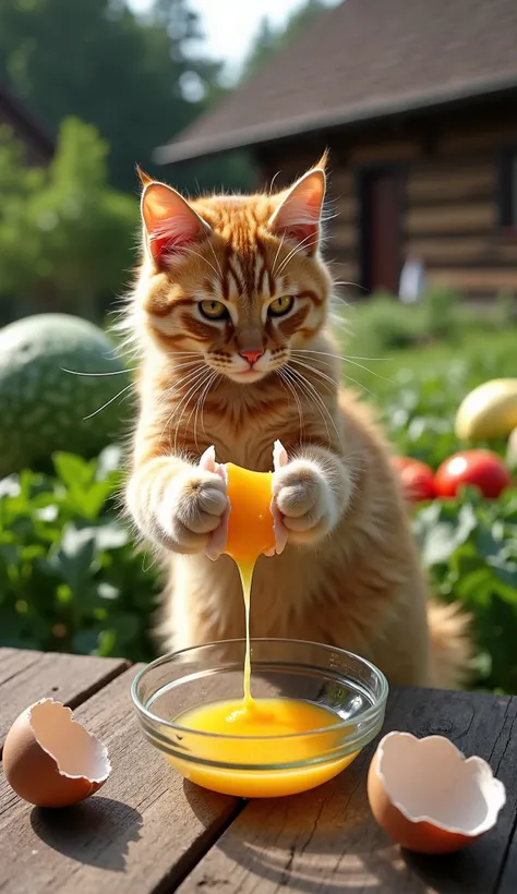 A fluffy, orange tabby cat with soft fur and focused eyes is standing upright outdoors on a rustic wooden table, cracking an egg into a clear glass bowl. The cat's paws are carefully holding the eggshell halves, with bright yellow yolks falling into the bo...