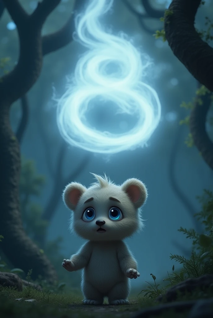 Pixar-style cute baby bear, standing frozen with wide blue eyes, ears perked up, as a swirling white mist rises from the ground in the jungle, forming a ghostly shape. The mist glows faintly, and the dark jungle behind has twisted trees and thick fog. The ...