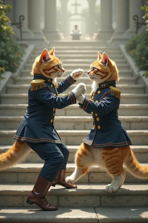 cats in bad uniforms are fighting on a stone staircase、dance、  Attacks of Others Soar Through the Air 、cat、, Sanctuary Background  、    Ultra High Resolution High Heels   、Actual photo