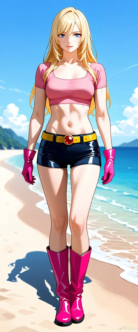 Adult woman, chest length hair, blonde, layered bangs, blue eyes, tall, slim and muscular body,  medium chest, pink crop top, tight, scoop neckline, short sleeves, short pink gloves, midriff, low-rise dark blue leather shorts, yellow belt with red jewel ro...