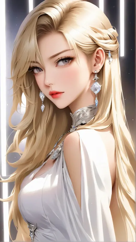 1girl, close-up shot, solo, long hair, blonde hair, revealing white, slit dress, looking at the viewer, bangs, upper body, earrings, from side, jewelry, closed mouth