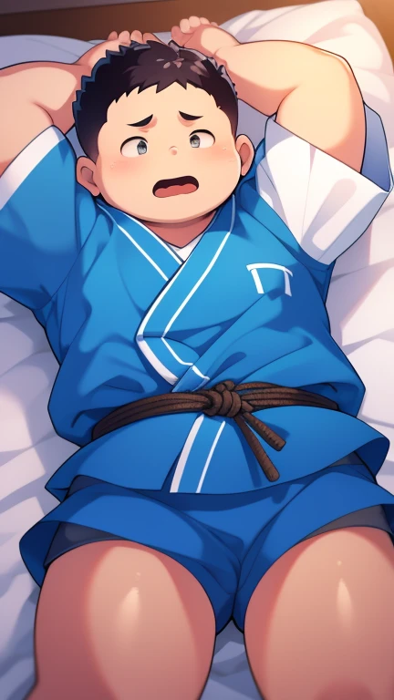 chubby Boy，cute，nervous，shy，tied to bed，blue judo uniform , bondage with rope, hands up