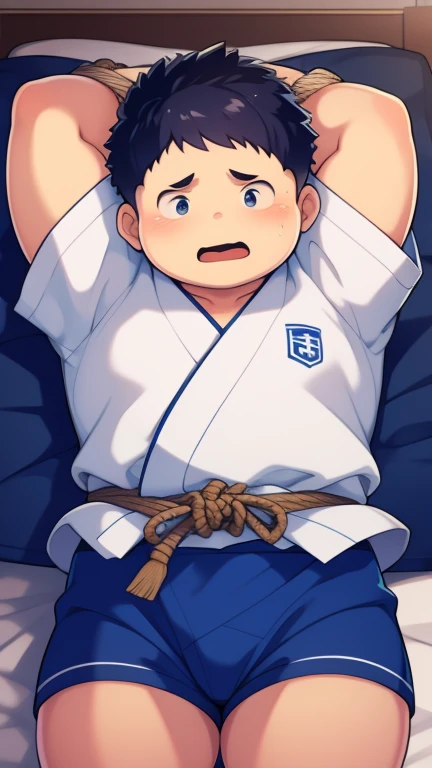 chubby Boy，cute，nervous，shy，tied to bed，blue judo uniform , bondage with rope, hands up