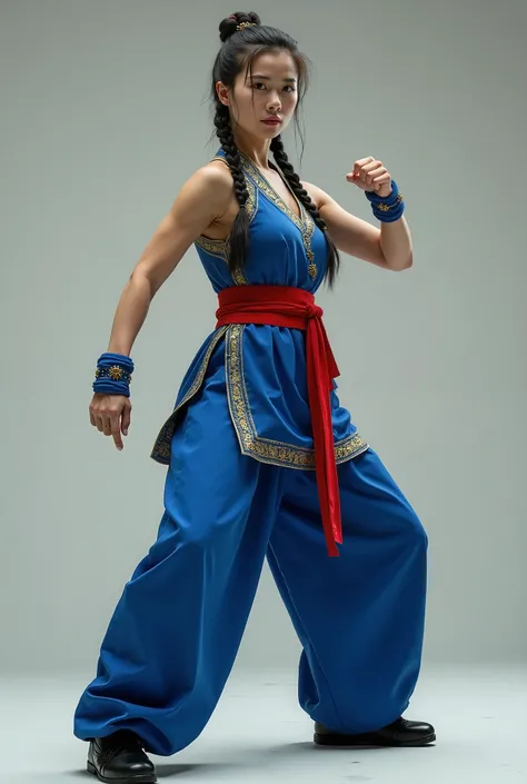 Ultra realistic full-body cinematic masterpiece standing image depicts a female character in a martial arts pose.  She wears a traditional Chinese blue costume with gold details , composed of a sleeveless blouse and wide pants .  A red belt tied around the...