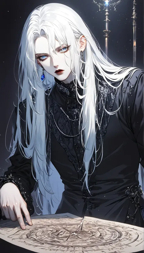 Man with white hair , pale skin, blue eyes, solo, Long hair, jewelry, masterpiece, high quality, Contemptuous look , Strictness, Dutch corner, Shine, background defocus, Fluorescence, ray tracing, illustration, Gothic, dark magician, The Magic T...