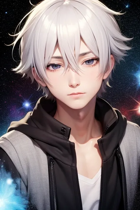 anime boy, handsome face, white hair, gray eyes, charming gaze, wearing black clothes, looking at the viewer, galaxy background, eye details, face details, body details, for 4k and 8k images