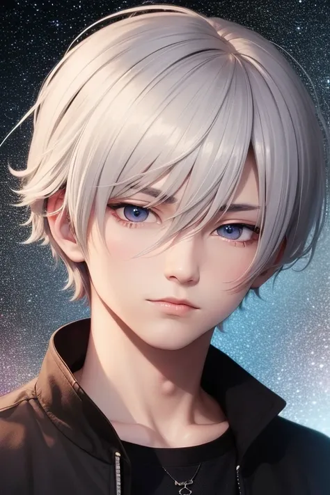 anime boy, handsome face, white hair, gray eyes, charming gaze, wearing black clothes, looking at the viewer, galaxy background, eye details, face details, body details, for 4k and 8k images