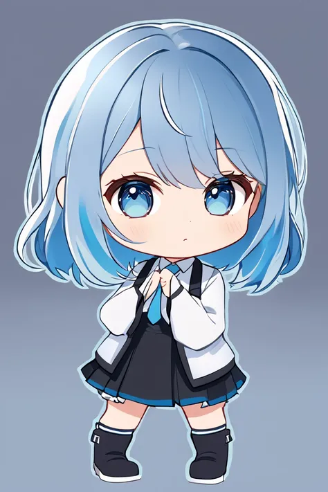  1 girl, solo,  long hair,  high resolution,  high resolution,  simple background, Blue Hair/ light blue hair, chibi-style , working adults