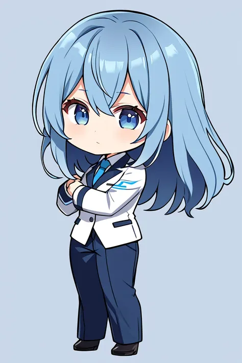  1 girl, solo,  long hair,  high resolution,  high resolution,  simple background, Blue Hair/ light blue hair, chibi-style , recruitment suit