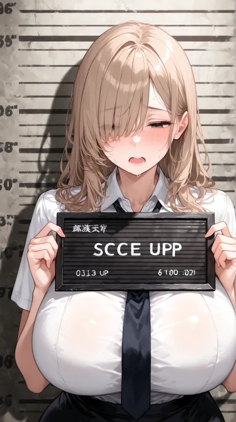 (best quality),1 adult woman, upper body,curvy, huge breasts, light brown hair , hair over one eye ,long hair ,black short skirt, white short sleeve dress shirt, necktie ,Mugshot, Prisoner , panicking ,half closed eyes ,Mugshot Board, Hold the board, ((sha...