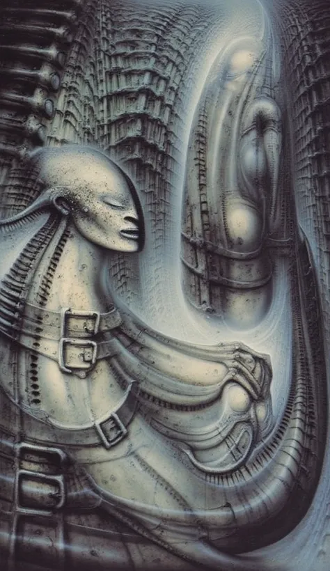 DARK BLACK COLORS, Giger_style, H. R. Giger's g1g3r, , Giger_style, The image is a detailed view of H.R. Giger's \" HRG Aleph \" plate, featuring ( The image depicts a surreal, intricate artwork featuring two humanoid figures with mechanical or industrial ...