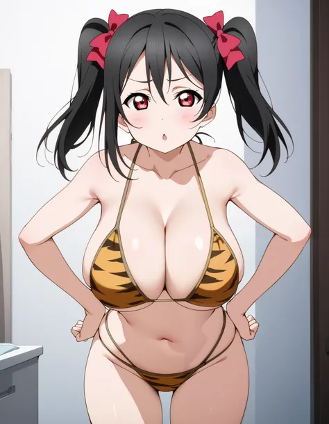  top quality, tiger pattern bikini、Yazawa Nico Love Live！、 black hair、 red eyes、 twin tails、 hair bow、Big Breasts、Big Breasts、Big Breasts、solo、 sexual arousal、A white bedroom、 staring at the viewer 、 standing、Hands on hips