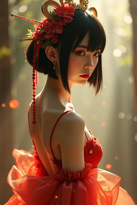  editorial photography,  Super Detailed Backgrounds  , super real,Double Exposure, depth of coverage,  perfect anatomy 、Goddess Amenouzumenomikoto 、 full body、 Cool Beauty Ultra Slim Skinny Video , Soft Focus Sepia Tone , movie,It was transparent,Wabi-sabi...