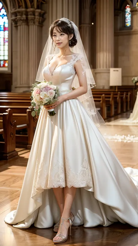 A beautiful young Japanese woman, 26 years old, with healthy thighs, beautiful legs, flawless skin, random hair color and style, large breasts, wearing a (wedding dress:1.3), (she is standing:1.2), full body shot, high heels, holding a bouquet in her hands...