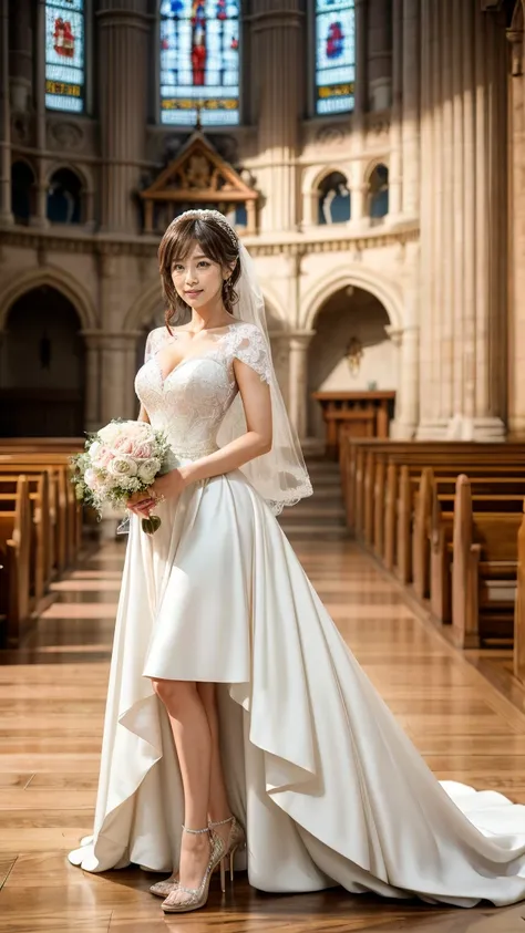 A beautiful young Japanese woman, 26 years old, with healthy thighs, beautiful legs, flawless skin, random hair color and style, large breasts, wearing a (wedding dress:1.3), (she is standing:1.2), full body shot, high heels, holding a bouquet in her hands...