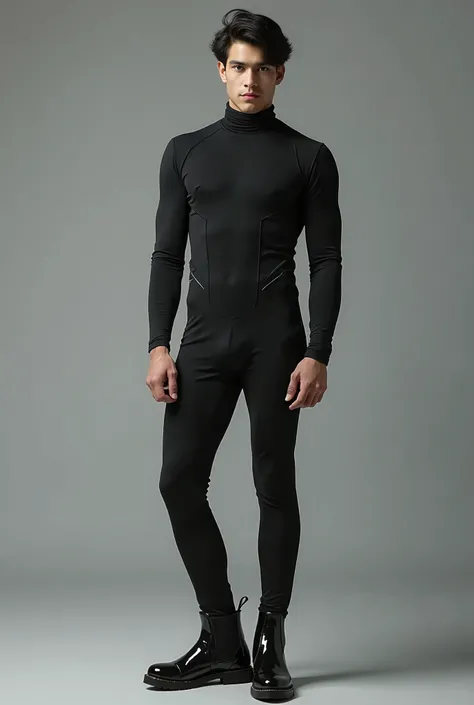 A Pakistan man 20 years white skin and Black hair and black body suit pullover neck tight shirt and black fitting pant and black boots shining full outfits high quality 8k uhd upscale 