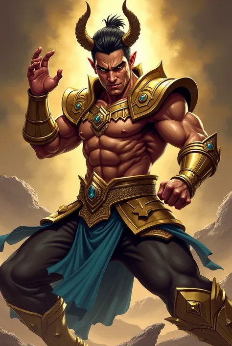 indonesian heros, A male figure, likely of Asian descent, in his late twenties or thirties, is depicted in a dynamic, action-oriented pose. He has a muscular build and a determined, slightly angry facial expression. His eyes are narrowed, and his mouth is ...