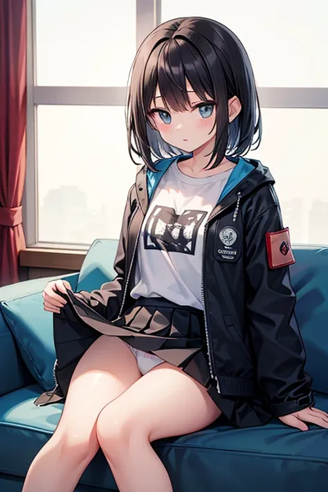  height 155 cm　 black hair　 long short hair 　 white long t-shirt　 black down jacket　 dark blue mini skirt　The skirt has pleats 　 sitting on the couch　 white panties visible
