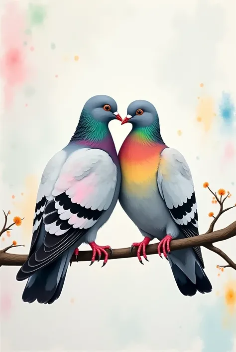 The image is an abstract painting of two pigeons sitting on a branch. The pigeons are facing each other and their heads are tilted slightly to the side, as if they are about to kiss. The background is a light grey color with splashes of different colors, i...