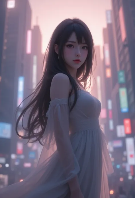 Realism, １ Long-Haired Japanese Women, The city that was too excited is a mirage, cinematic lighting, glowing light, 8k, UHD, super detail, best quality,  highres, masterpiece