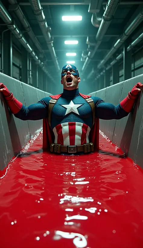 A male, light-skinned adult, dressed as Captain America, is submerged in a pool of bright red slime. He is centered in the image and positioned within a large, industrial-style metal trough or channel. The character is depicted in a dramatically distressed...