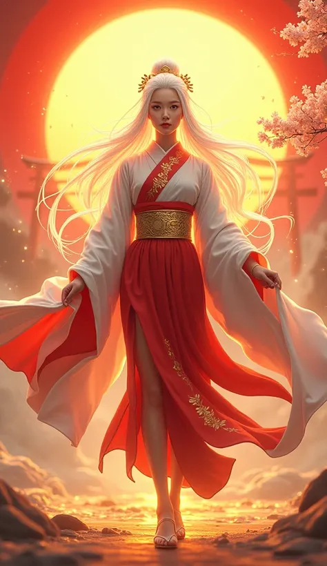 "Amaterasu, the radiant Shinto sun goddess, standing confidently facing the camera. Her traditional Japanese robes flow to her ankles, colored in white and crimson (matching the Japanese flag), with intricate gold patterns symbolizing sunlight. A thick gol...