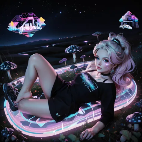 A beautiful design in vaporwave style, beautiful womans figure laying in a field of mushrooms with smoke trailing of into a surreal night sky, magical twinkling stars, glowing, simple background, full body, view from above, dynamic angle, dynamic lighting 