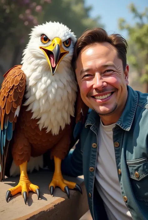 An anthropomorphic eagle happily poses for a selfie with Elon Musk, who smiles and says : "Hey!"  While looking at the camera ,  sharing a relaxed moment with his friend