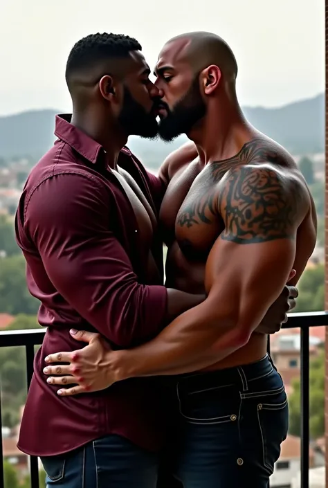 Muscled bodybuilder bald bearded son in wine-coloured shiny unbuttoned shirt with tattoed muscled chest kisses and hugs blackskined man  on the balcony